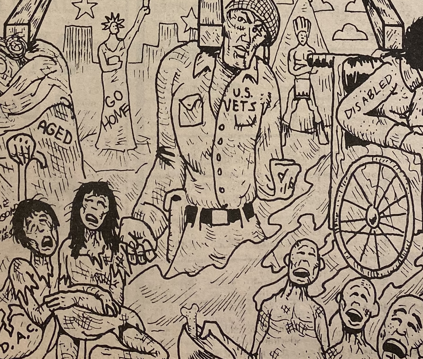 A detailed black and white illustration depicts various social issues, including homelessness, veterans struggles, aging, and disability. 