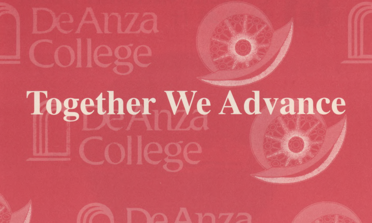 Front page of the APALI opening ceremony program, 1997 Red background with the words Together We Advance in white, overlaid on faded De Anza College logos.