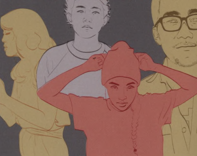 Graphic illustration depicting various students of Asian ethnicity, including a girl wearing a beanie and long braid