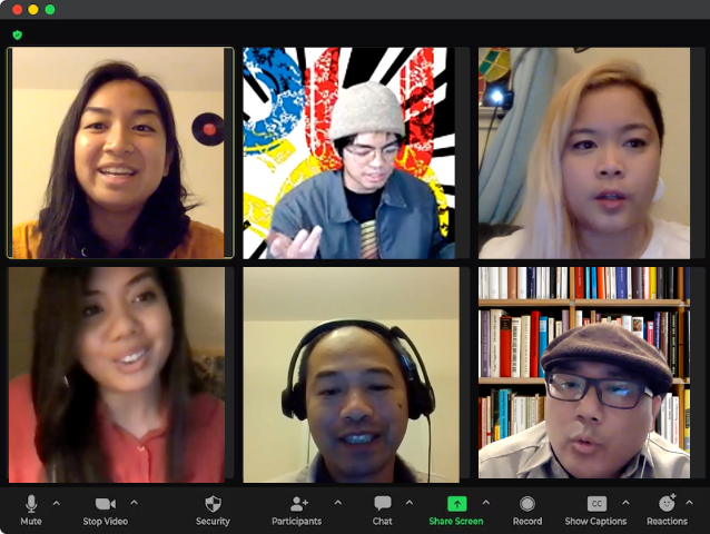 A virtual meeting with six individuals speaking on a video call. Each person is in their own frame, with books and colorful artwork visible in the background. 