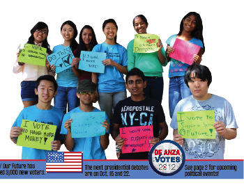 A group of diverse young people hold brightly colored signs with voting-related messages, such as "I vote to support a better future!" An American flag and a De Anza Votes 2012 logo are at the bottom. 