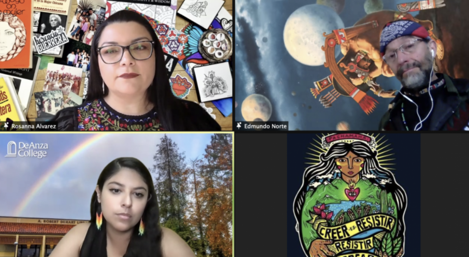 A virtual meeting with three participants. Top left: a woman with glasses in front of illustrated posters. Top right: a man with a bandana in front of a cosmic background. Bottom left: a woman with long hair in front of a building and rainbow. Bottom right: artwork.