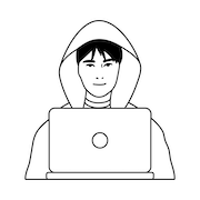 Illustration of a person wearing a hoodie and working from their laptop
