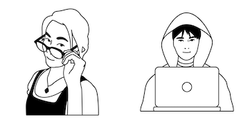 Side-by-side illustrations of a person looking over their glasses and a person wearing a hoodie and working on their laptop