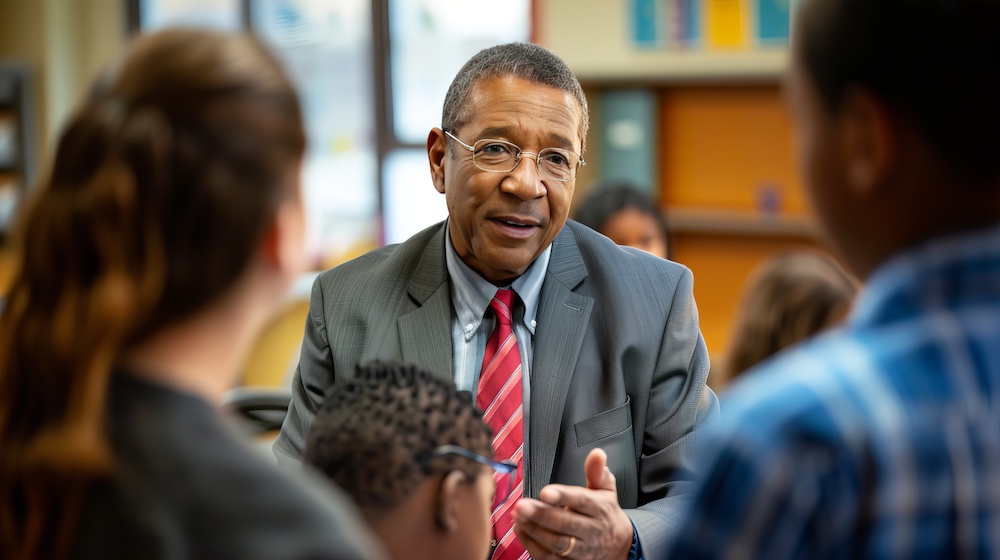 man in business suit talking to younger people at table