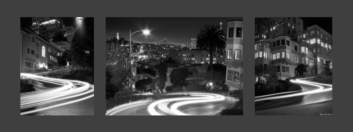 three time-lapse photos of headlights streaming on curved road
