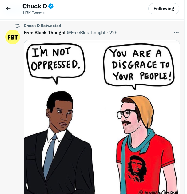 Screenshot of tweet from @FreeBlckthought with two people speaking and one saying "I'm not oppressed." and the other saying "You are a disgrace to your people."