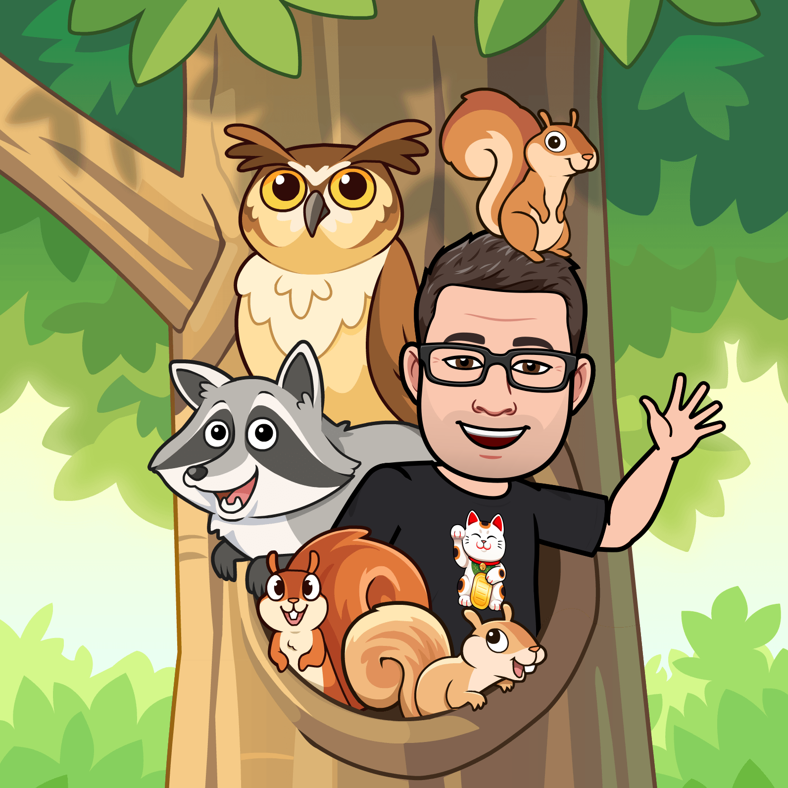 Cartoon image of the instructor in a tree with forest animals all around.