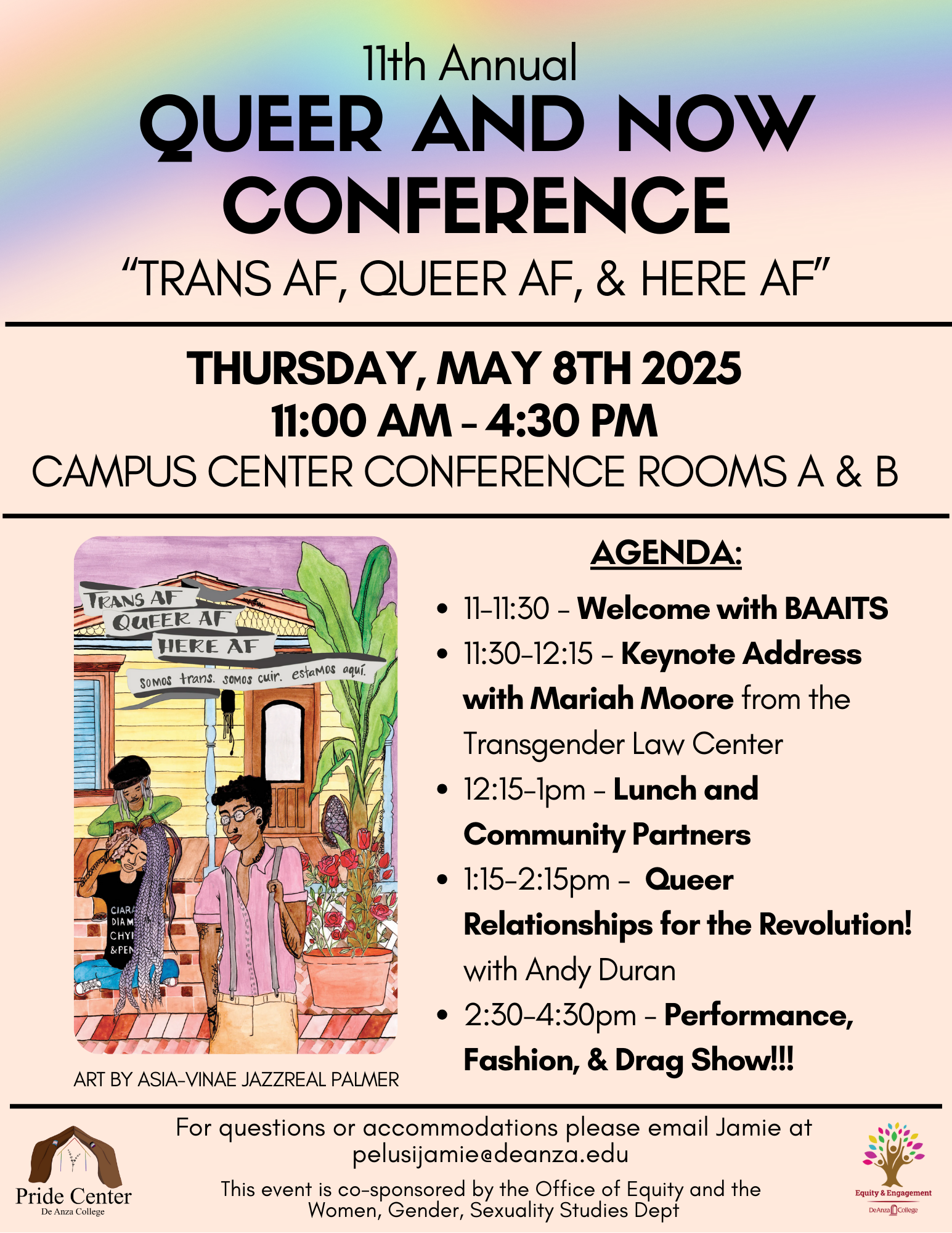 artwork of people outside a yellow house with sign that says "somos trans. somos cuir. estamos aqui"