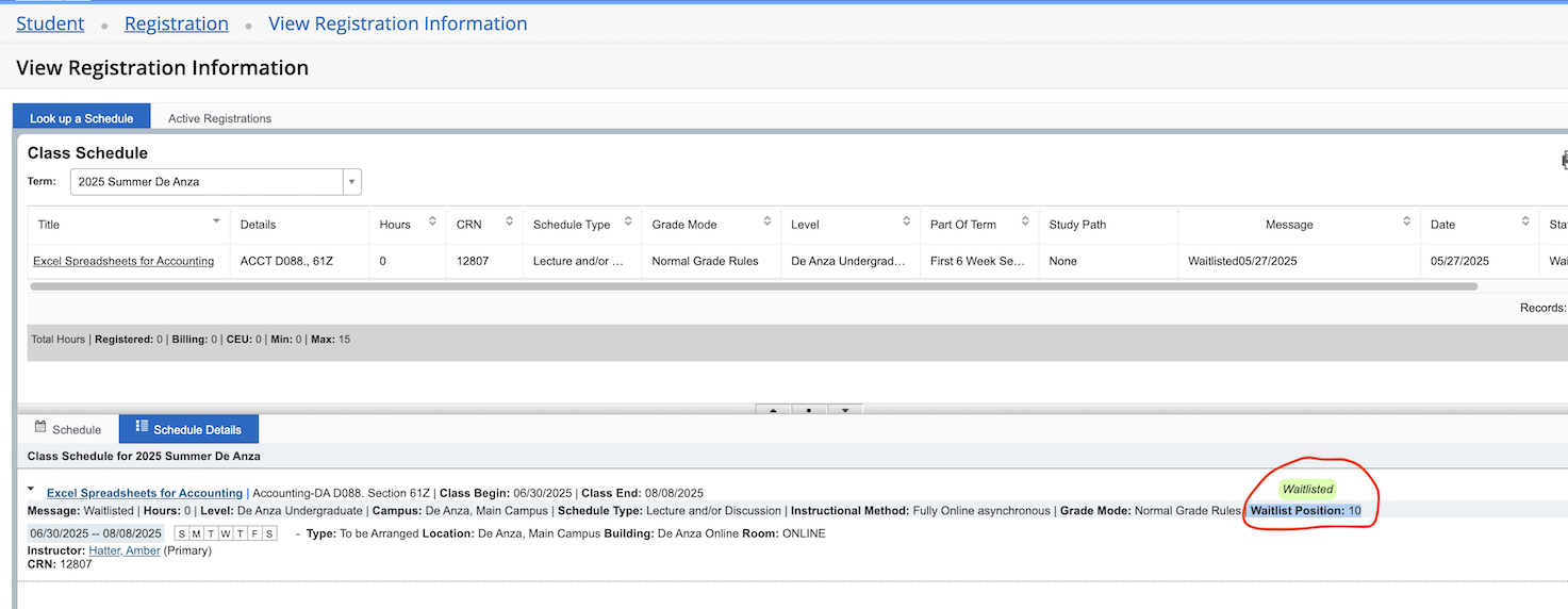 class schedule listing with waitlist position