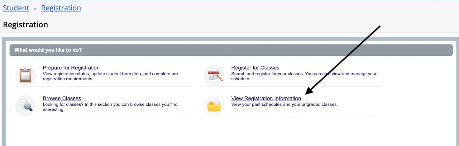 dashboard with arrow to view registration details