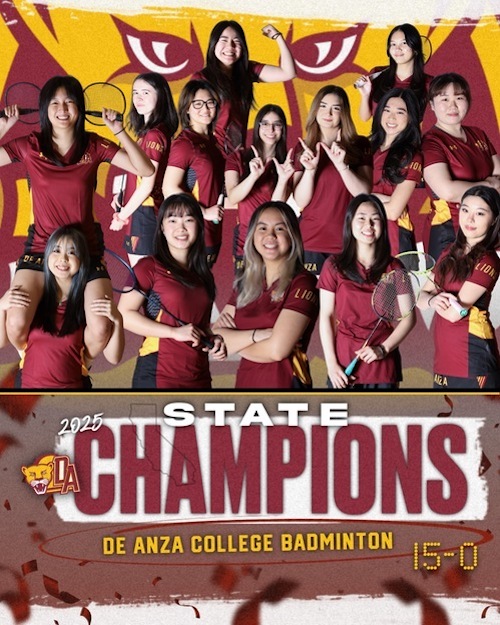women's badminton team group photo with banner: 2025 State Champions